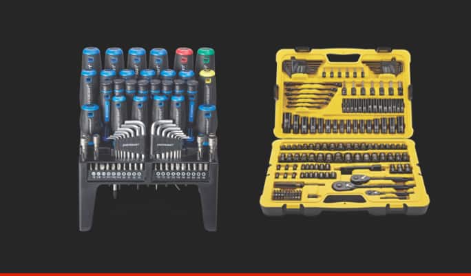 Mastercraft Screwdriver Set displayed in its stand  Stanley Black Chrome Socket Set, 183-pc