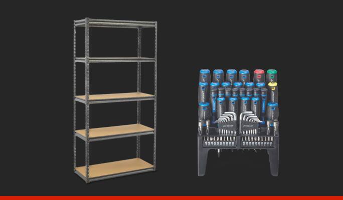 Mastercraft Screwdriver Set displayed in its stand  Mastercraft Adjustable 5-Shelf Storage Rack 