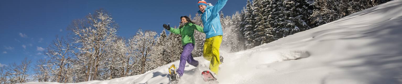 Two adults snowshoeing on a hill. 