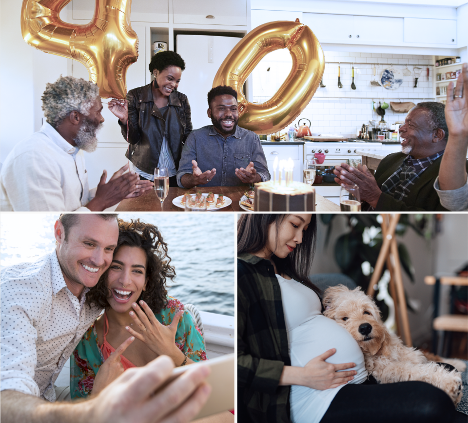Un collage d’images illustrant de diverses personnes célébrant des moments marquants, notamment des naissances, des fiançailles et des mariages.