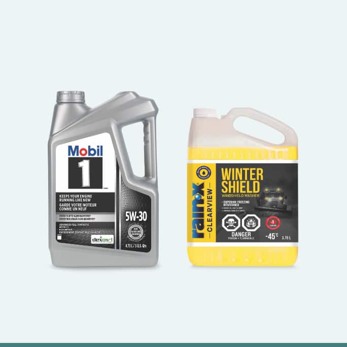 A 4.73-L jug of Mobil 1 5W30 Synthetic Engine Motor Oil  A 3.78-L jug of Rain-X ClearView Winter Shield Windshield Washer Fluid