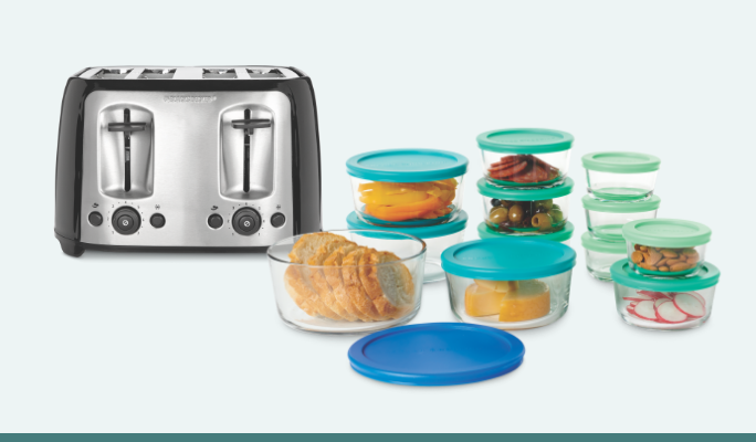 A Black & Decker Extra Wide Toaster with 4 slots.  An assortment of Anchor Hocking glass food storage containers with food inside them.