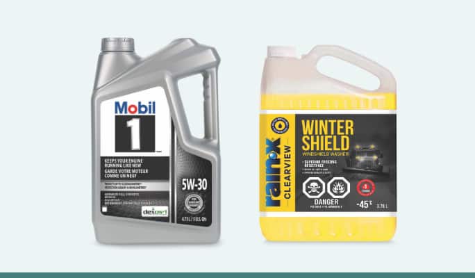 A 4.73-L jug of Mobil 1 5W30 Synthetic Engine Motor Oil  A 3.78-L jug of Rain-X ClearView Winter Shield Windshield Washer Fluid