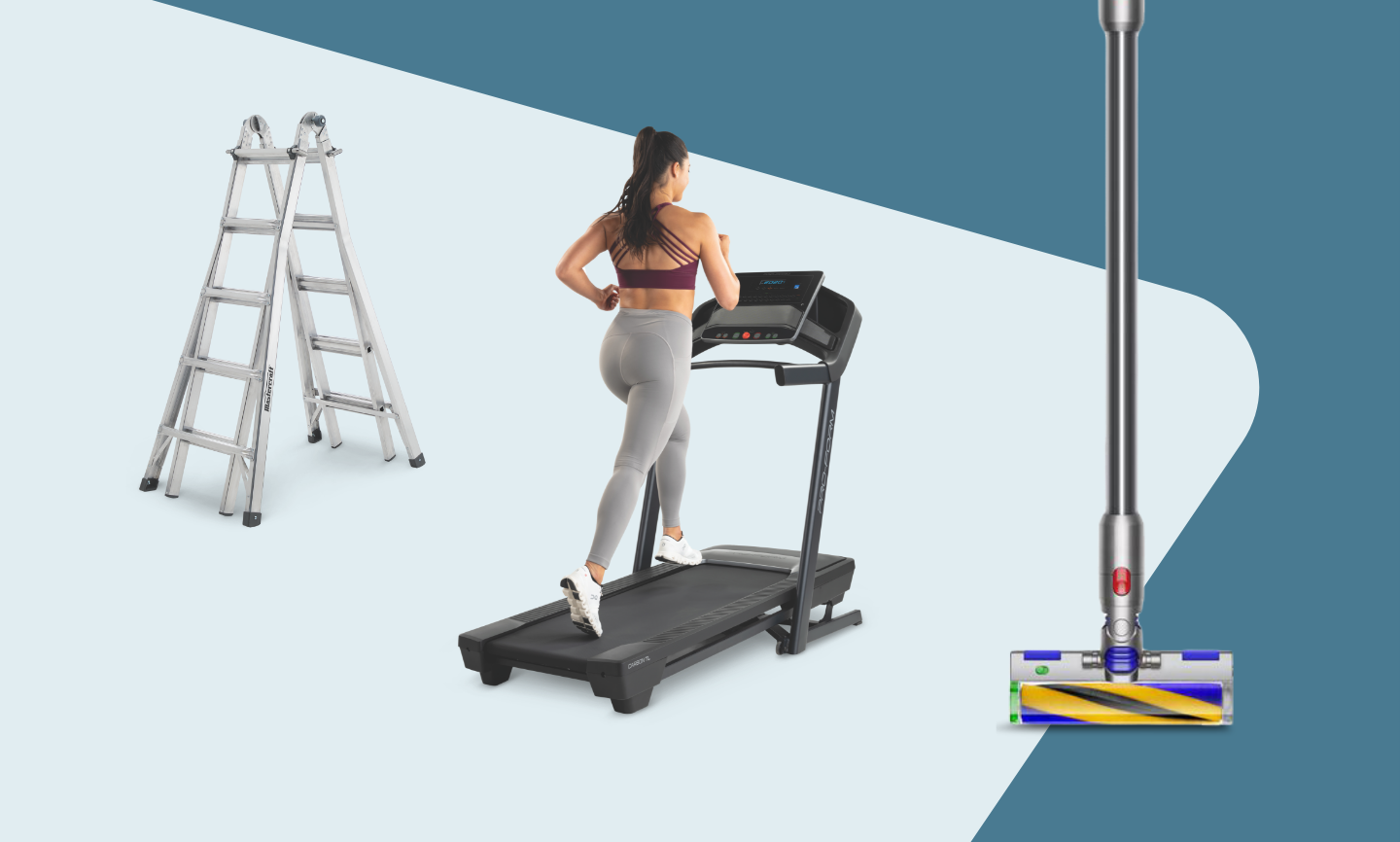 A Mastercraft Multitask Ladder, 21-ft  A woman running on a ProForm Carbon Treadmill.  A Dyson V15 Detect Cordless Stick Vacuum Cleaner