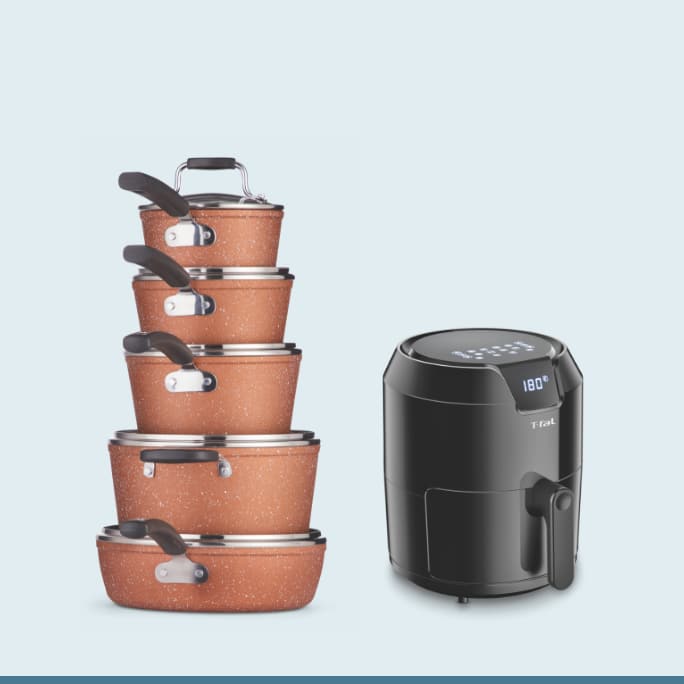 A stack of 5 Rock Essentials cookware  A T-fal Easy Fry Digital Air Fryer