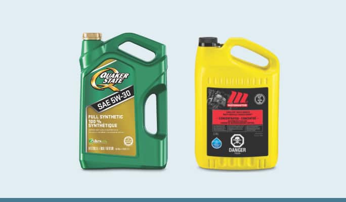  A jug of Quaker State 5W30 Synthetic Motor Oil  A jug of Motomaster Antifreeze and Coolant solution