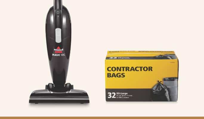 A Bissell 2-In-1 Magic Stick Vacuum  A box of 133-L contractor bags, 32-ct