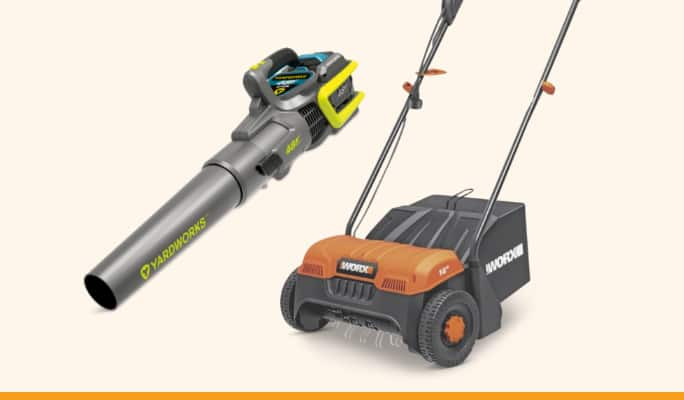 Yardworks 48V 2Ah Blower & Grass Trimmer   WORX 12A Dethatcher, 14-in