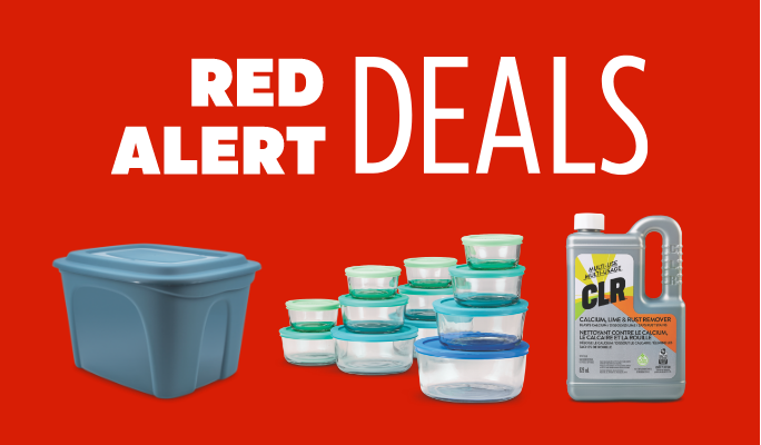 Red Alert Deals.   Type A Stackable Storage Box with Lid, 72-L  Anchor 24 Piece Bakeware Set  A jug of CLR Cleaner .