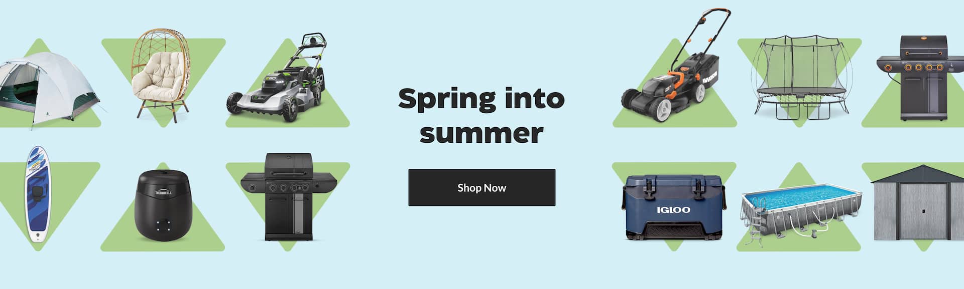 Various summer products including BBQs, pools and camping gear around a “Spring into summer” title.