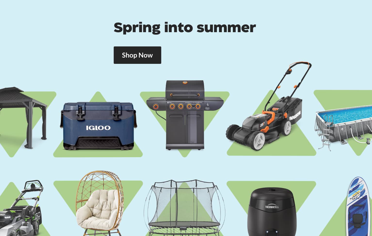 Various summer products including BBQs, pools and camping gear around a “Spring into summer” title.
