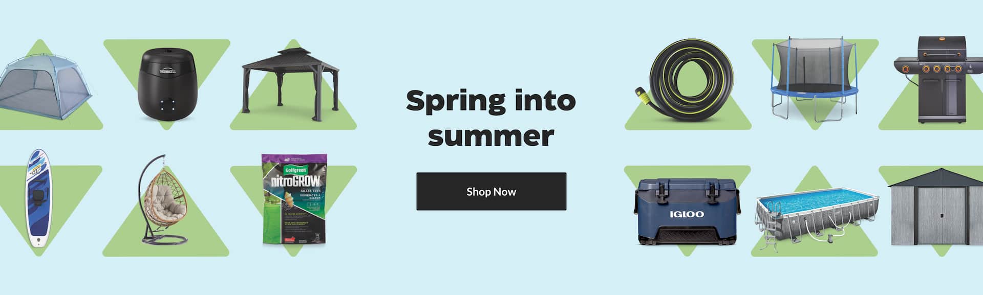 Various summer products including BBQs, pools and camping gear around a “Spring into summer” title