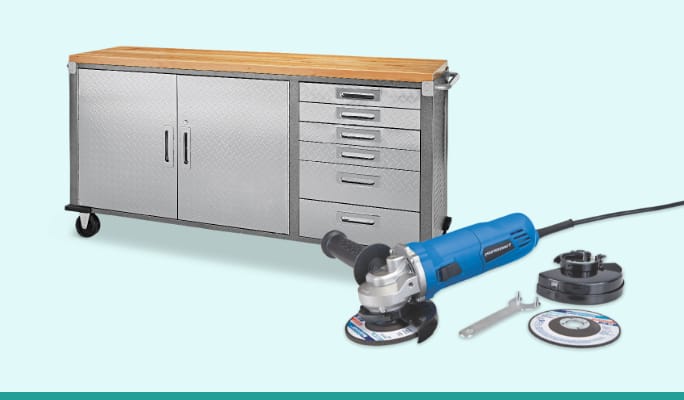 Mastercraft Work Station with wood top and casters.  Mastercraft 6A Angle Grinder. 