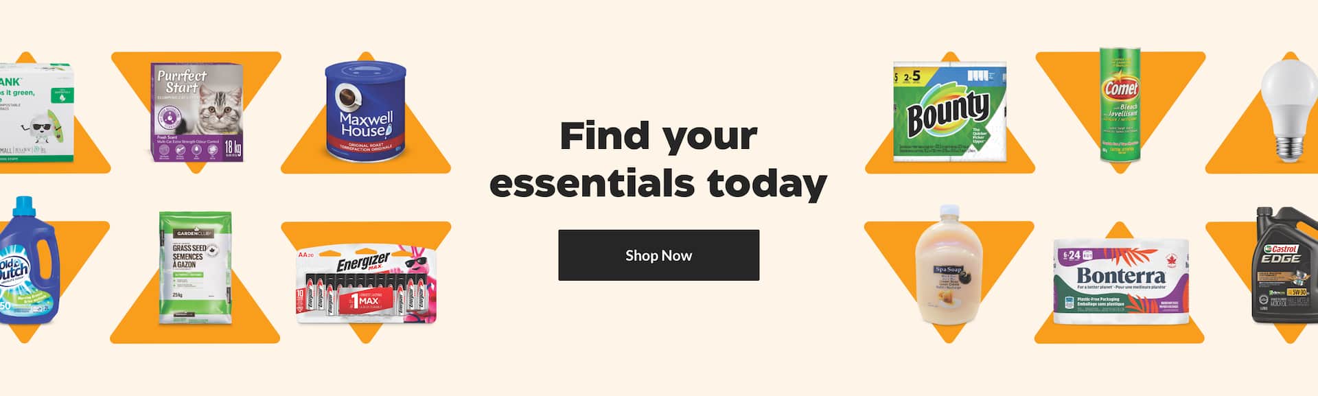 Various household products including Energizer batteries, Comet cleaner and more around a “Get your essentials today” title.
