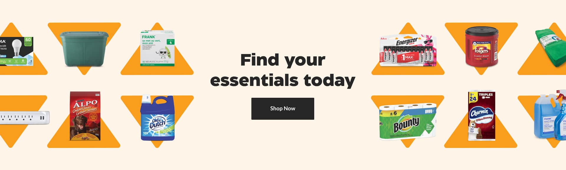 Various household products including Energizer batteries, Bounty paper towels and more around a “Find your essentials today