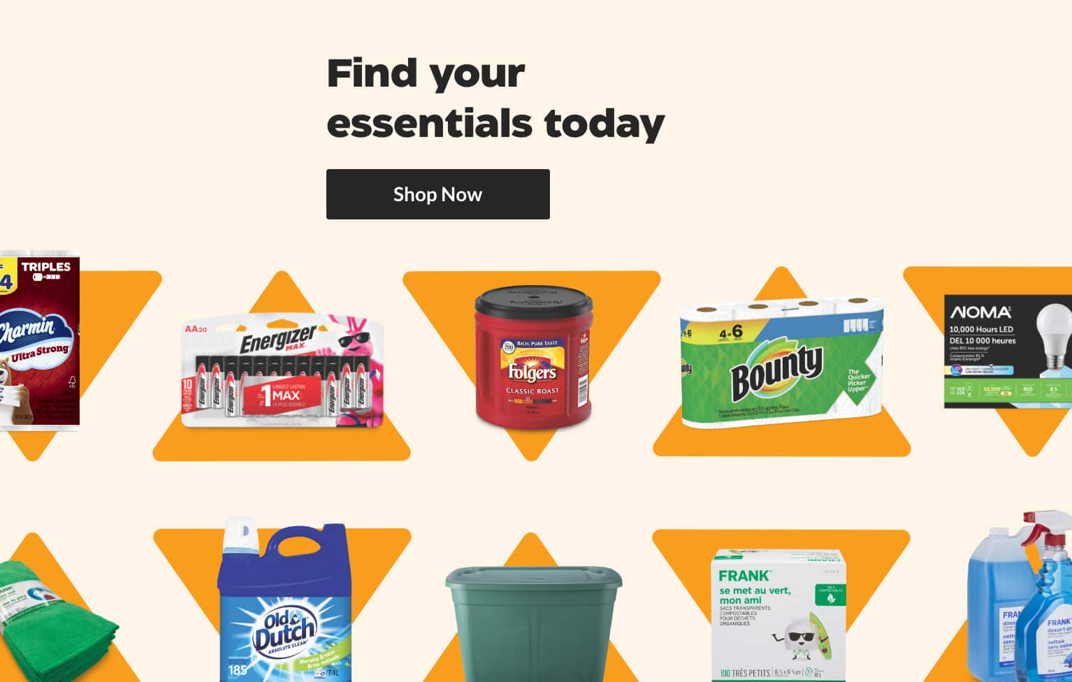 Various household products including Energizer batteries, Bounty paper towels and more around a “Find your essentials today
