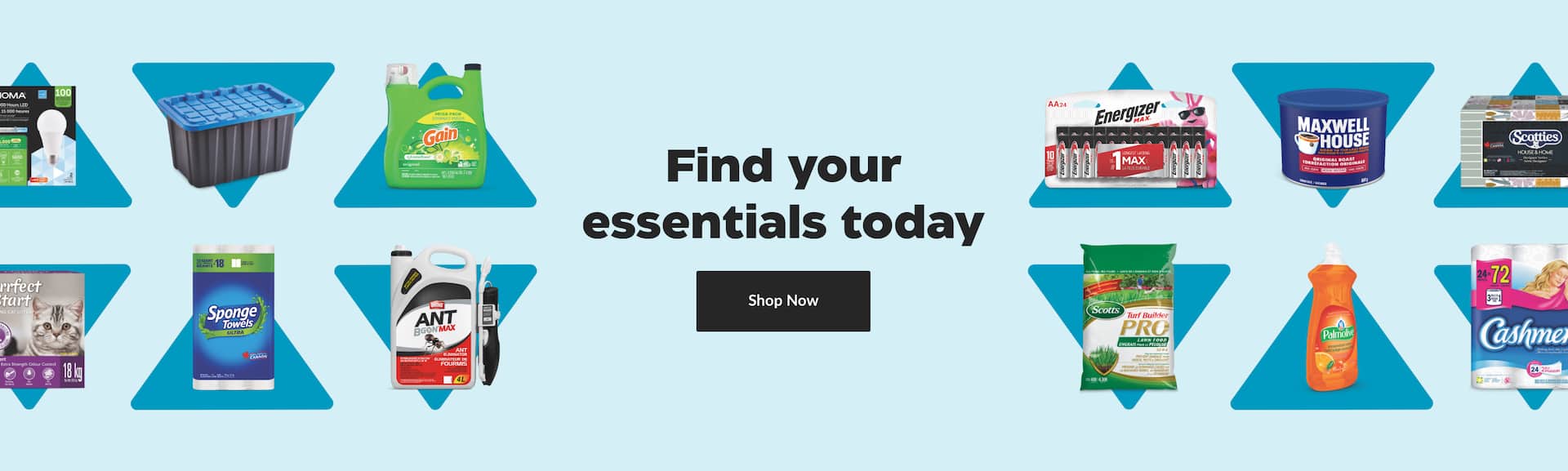 Various household products including Energizer batteries, Gain liquid laundry detergent and more around a “Find your essentials today” title.