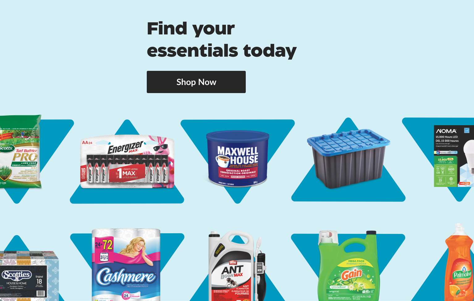 Various household products including Energizer batteries, Gain liquid laundry detergent and more around a “Find your essentials today” title.