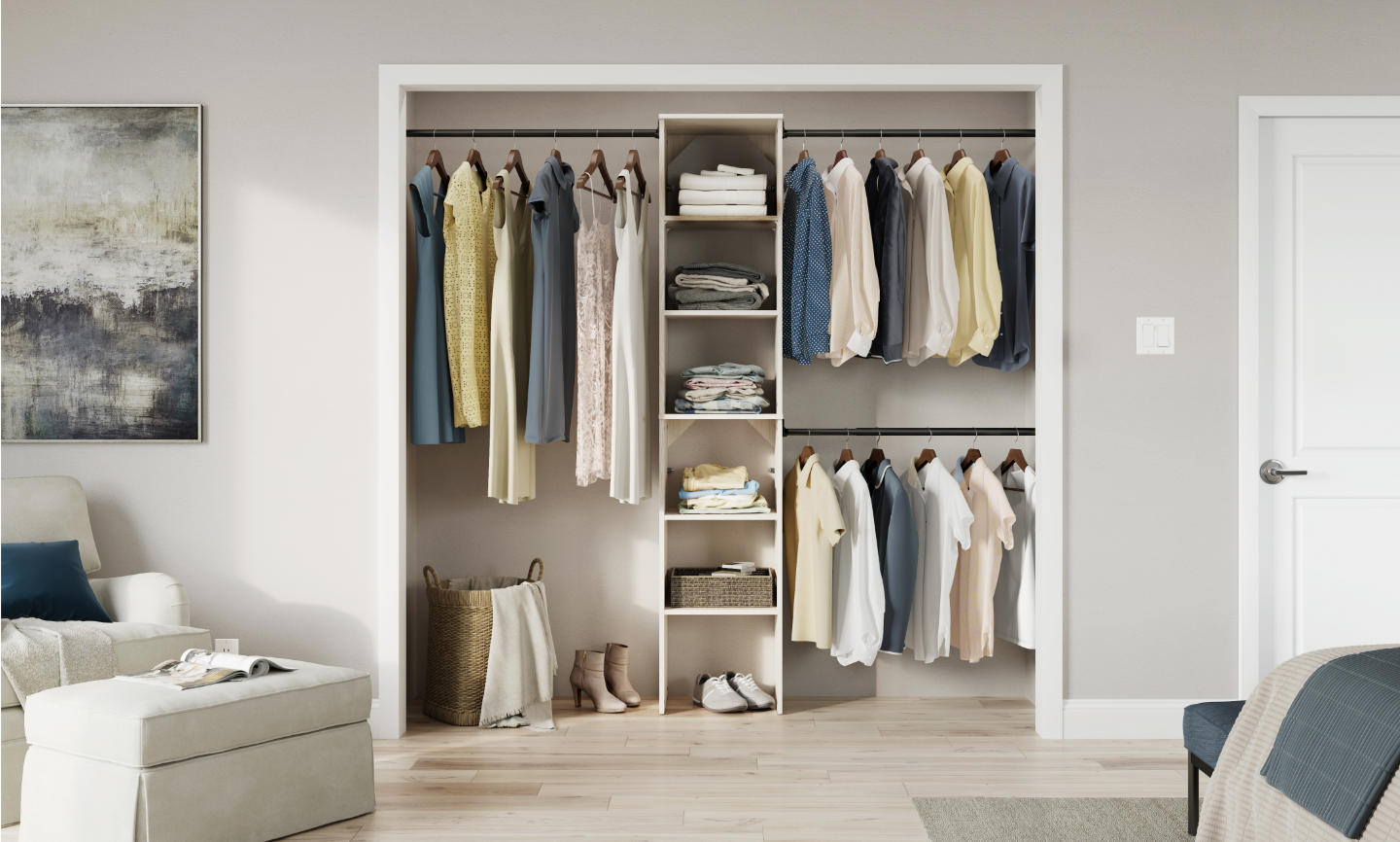 Clothes hang in a tidy, organized closet.