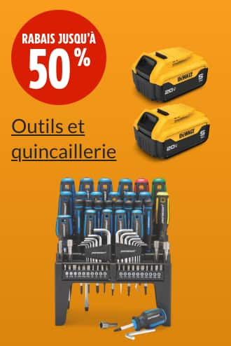 Rabais jusqu’à 50 %  Batterie DEWALT 20 V MAX 5 Ah, paq. 2  Jeu de tournevis Mastercraft, paq. 69