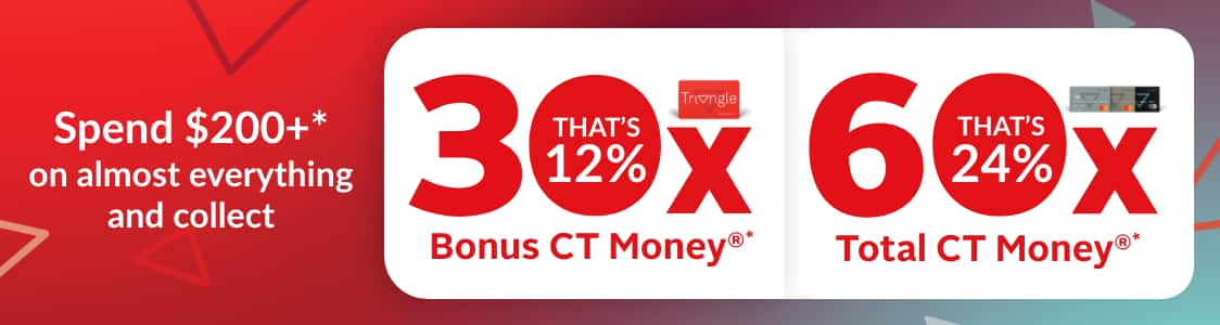 Spend $200+ on almost everything and collect 30x Bonus CT Money (that's 12%) or 60x Total CT Money (that's 24%).