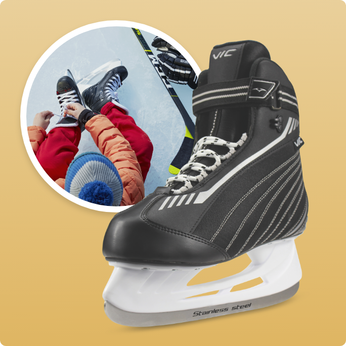 A person laces up an ice skate. VIC Soft Recreational Ice Skate.