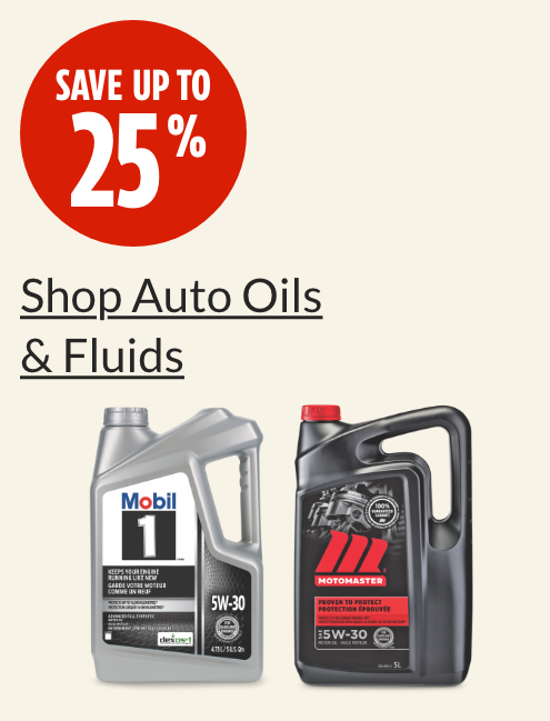 Save up to 25%  Mobil 1 5W30 Synthetic Engine Oil, 4.73-L  MotoMaster 5W30 Conventional Engine Oil, 5-L