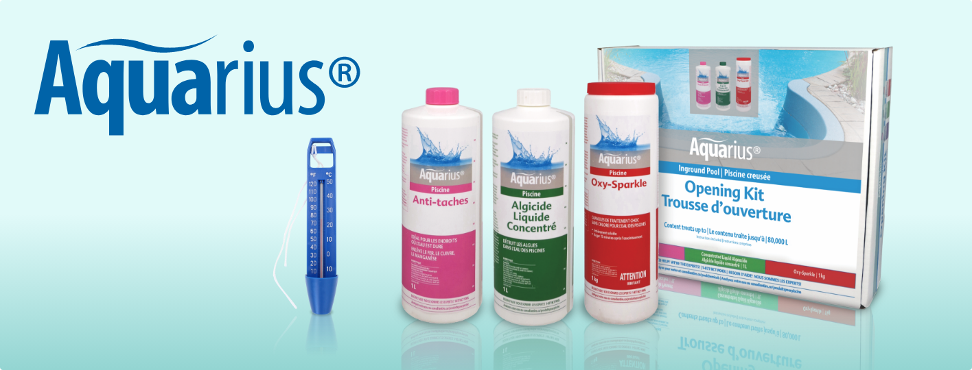 Aquarius pool maintenance products including chemicals and a net, displayed by a poolside.