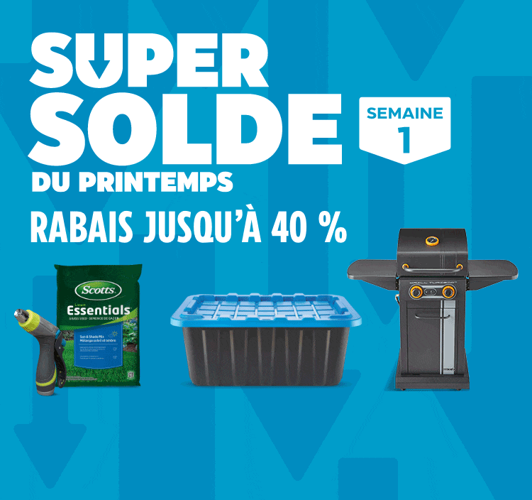 Super solde du printemps - Semaine 1. Rabais jusqu’à 40 %. Magasinez. Voir la circulaire.  Bac de rangement empilable robuste Mastercraft, 70 L  Nettoyeur haute pression Simoniz de 2 050 lb/po2  Ensemble modulaire CANVAS Bala, 4 pièces  Aspirateur-balai sans fil Dyson V15 Detect  Pneu MotoMaster Hydra Edge Tour  Mélange de semences à gazon Scotts Lawn Essentials, soleil et ombre, 5 kg  Barbecue Master Chef Grill Turismo, 2 brûleurs  Chaise œuf CANVAS Sydney  Remise d’extérieur Keter Newton+ 757/775  Papier hygiénique Charmin ultra-résistant en quadruples rouleaux, paq. 18  Lingettes nettoyantes pour l’automobile Armor All, paq. 30  Buse d’arrosage Yardworks, gâchette arrière