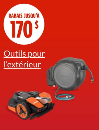 Rabais jusqu’à 170 $.  Tondeuse Worx WR208 Landroid VISION, 20 V  Dévidoir mural automatique Gardena, 100 pi