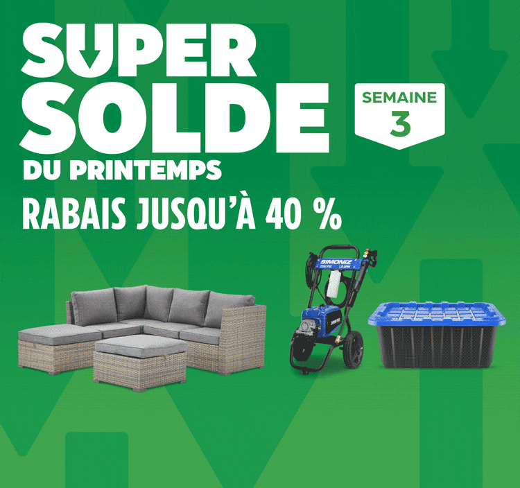 Super solde du printemps - Semaine 3. Rabais jusqu’à 40 %.  Bac de rangement empilable robuste Mastercraft, 70 L Nettoyeur haute pression électrique Simoniz, 2 050 lb/po2 Ensemble modulaire carré CANVAS Bala, 6 pces Portique de jeu et balançoires en bois KidKraft Brightside Tondeuse à pousser sans fil EGO POWER+, 56 V Dévidoir mural automatique Gardena, 100 pi