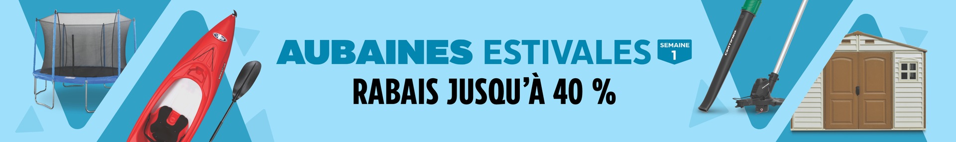 Summer Sizzlers. Save up to 40%. JumpTek Outdoor Round Trampoline, 14-ft Pelican Summit 100X Sit-In 1-Person Kayak, 10-ft
Certified Mower, Grass Trimmer & Blower Combo, 17-in Duramax Woodside Garden Shed, 10x8-ft