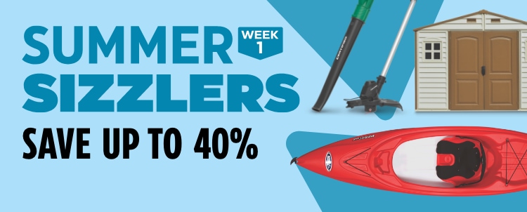 Summer Sizzlers. Save up to 40%. JumpTek Outdoor Round Trampoline, 14-ft Pelican Summit 100X Sit-In 1-Person Kayak, 10-ft
Certified Mower, Grass Trimmer & Blower Combo, 17-in Duramax Woodside Garden Shed, 10x8-ft