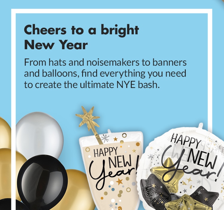 Various-shaped black, gold, white and transparent New Year's Eve balloons on a light blue background.